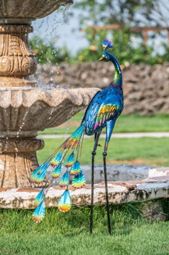 TERESA'S COLLECTIONS Backyard Decor 3D Garden Peacock Yard Art, 35 Inch Large Metal Garden Sculptures & Statues for Outdoor Outside Porch Patio Pond Pool Indoor Decorations Blue Bird Lawn Ornaments