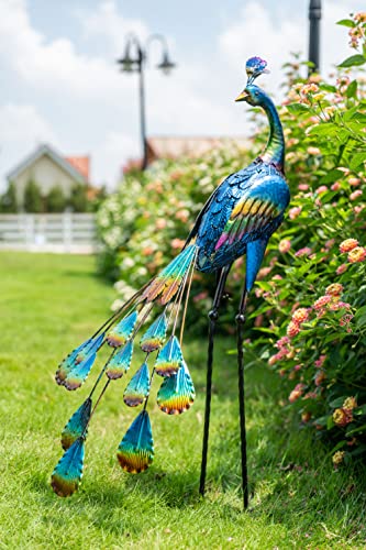 TERESA'S COLLECTIONS Backyard Decor 3D Garden Peacock Yard Art, 35 Inch Large Metal Garden Sculptures & Statues for Outdoor Outside Porch Patio Pond Pool Indoor Decorations Blue Bird Lawn Ornaments