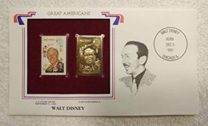 walt disney – great americans – postage stamp (1968) & 22kt golden replica stamp plus info card – postal commemorative society, 2001 – movie producer, cartoons, animator, disneyland