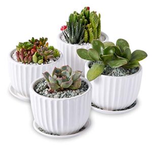 HXYPN Succulent Pot Round Stripe White Ceramic Pots 4 inch Plant Pots Small Flower Planter Pot, Pack of 4 - Plants Not Included