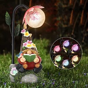 sinhra garden gnomes statue decor, with colorful gradient solar led lights decoration for outdoor patio balcony yard lawn ornament gift(red)