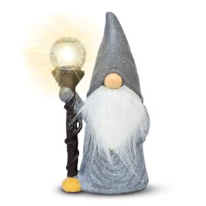 garden gnome statue – gnomes decorations for yard with solar lights, resin gnome figurine holding magic wand,outdoor lawn decor flocked for patio, balcony, yard (grey)