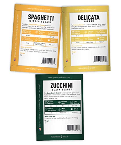 Squash Seeds for Planting 5 Individual Packets - Zucchini, Delicata, Butternut, Spaghetti and Golden Crookneck for Your Non GMO Heirloom Vegetable Garden by Gardeners Basics