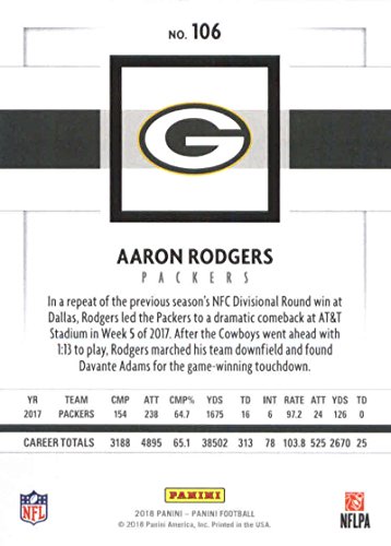 2018 Panini NFL Football #106 Aaron Rodgers Green Bay Packers Official Trading Card