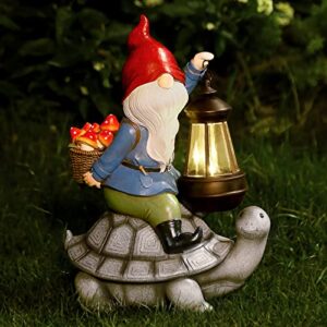 gnome and turtle garden decor, large outdoor garden sculptures & statues, outside patio yard lawn decorations, housewarming for women, mom, grandma with solar lantern