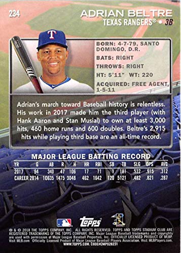 2018 Topps Stadium Club #234 Adrian Beltre Texas Rangers Baseball Card - GOTBASEBALLCARDS