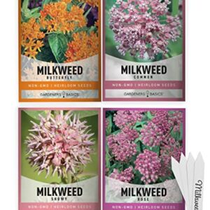 Milkweed Seeds For Monarch Butterflies (4 Variety Pack) Common, Showy, Butterfly and Rose Varieties Attracts Butterflies, Bees and Pollinators Heirloom Flower Seeds Wildflower Seed by Gardeners Basics