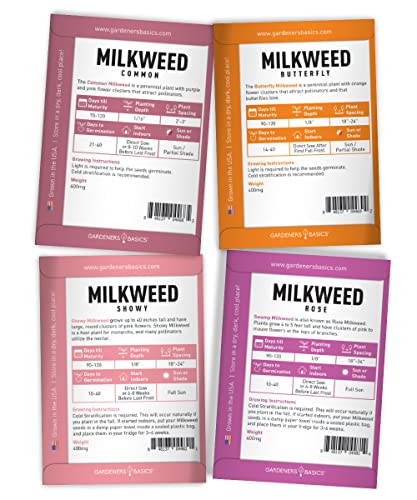 Milkweed Seeds For Monarch Butterflies (4 Variety Pack) Common, Showy, Butterfly and Rose Varieties Attracts Butterflies, Bees and Pollinators Heirloom Flower Seeds Wildflower Seed by Gardeners Basics