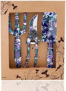 flora guard 3 piece aluminum garden tool set – trowel, cultivator, pruning shear, gift set for gardening needs (purple&blue)