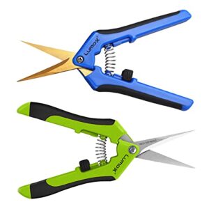 lumo-x trimming scissors pruning snips with titanium coated curved blades & straight blades for precision buds trimming, indoor/outdoor garden trimming, bonsai, hydroponics (green & blue – set)