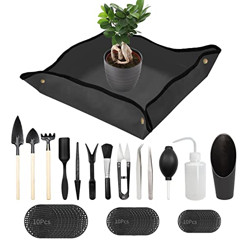 FLMOUTN Foldable Plant Repotting Mat, Gardening Mat with 13Pcs Mini Garden Tools Set and 30Pcs Pot Hole Mesh Pads, Succulent Tool Set for Indoor Miniature Fairy Garden Plant Care