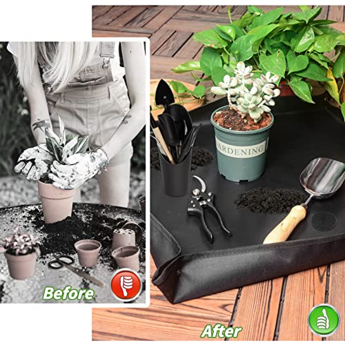 FLMOUTN Foldable Plant Repotting Mat, Gardening Mat with 13Pcs Mini Garden Tools Set and 30Pcs Pot Hole Mesh Pads, Succulent Tool Set for Indoor Miniature Fairy Garden Plant Care