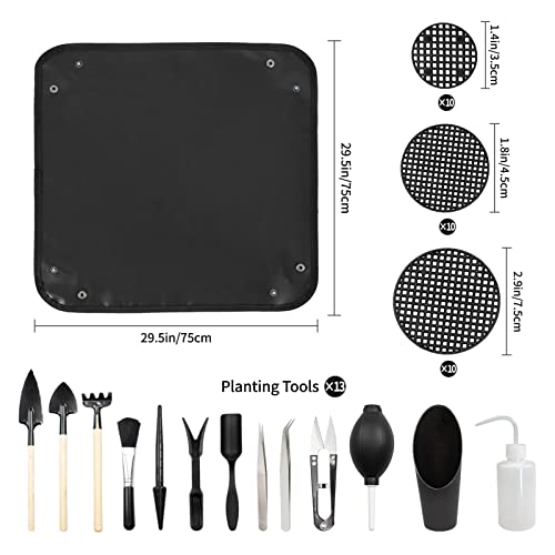 FLMOUTN Foldable Plant Repotting Mat, Gardening Mat with 13Pcs Mini Garden Tools Set and 30Pcs Pot Hole Mesh Pads, Succulent Tool Set for Indoor Miniature Fairy Garden Plant Care