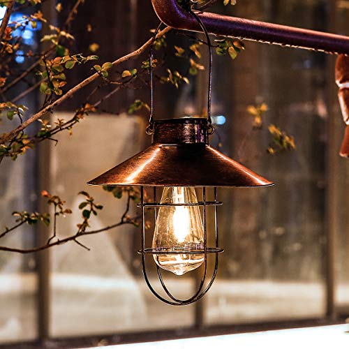 pearlstar Solar Lantern Outdoor Hanging Light Metal Farmhouse Solar Lamp with Warm White Edison Bulb Design for Garden Yard Patio Porch Decor (Brushed Copper)