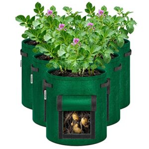 vivosun 5-pack 10 gallon potato grow bags, fabric pots with handle and roll-up window, green