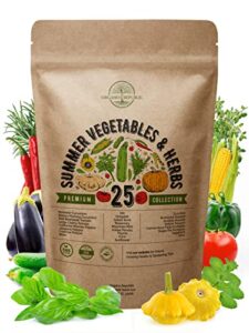 25 summer vegetable & herb garden seeds variety pack for planting outdoors and indoor home gardening 3500+ non-gmo heirloom veggie & herb seeds: tomato pepper okra bean cucumber basil rosemary & more