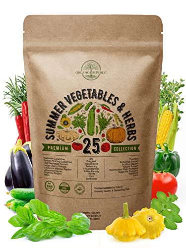 25 Summer Vegetable & Herb Garden Seeds Variety Pack for Planting Outdoors and Indoor Home Gardening 3500+ Non-GMO Heirloom Veggie & Herb Seeds: Tomato Pepper Okra Bean Cucumber Basil Rosemary & More