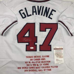 autographed/signed tom glavine atlanta white stat baseball jersey jsa coa