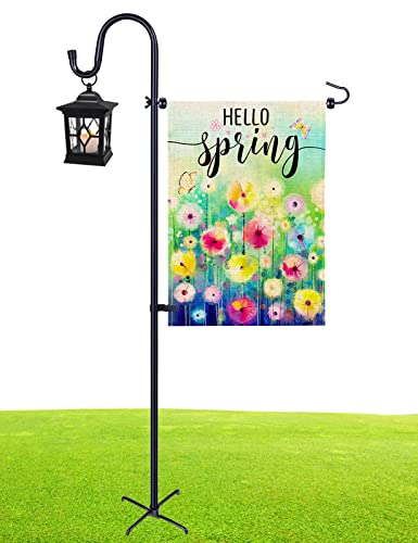 XDW-GIFTS Garden Flag Holder Stand with Shepherd Hook Upgraded Flagole with 2 Spring Stoppers and 1 Clip, Yard Garden Flag Holder for Flags Weather-Proof (Without Solar Lights & Flag)