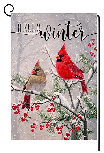 Winter Cardinal Bird Garden Flag 12x18 Vertical Double Sided Farmhouse Trees Snow Christmas Holiday Outside Decorations Burlap Yard Flag BW233