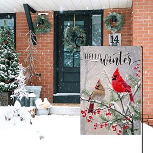 Winter Cardinal Bird Garden Flag 12x18 Vertical Double Sided Farmhouse Trees Snow Christmas Holiday Outside Decorations Burlap Yard Flag BW233