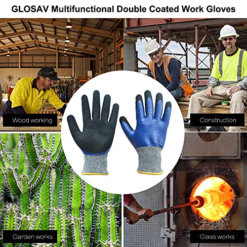 GLOSAV Durable Gardening Gloves for Men, Heavy Duty Nitrile Garden Gloves, Double Coated Work Gloves, Cut Resistant, Puncture Proof, Water Resistant, Touch Screen (Medium)