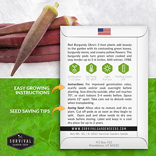 Survival Garden Seeds - Red Burgundy Okra Seed for Planting - Packet with Instructions to Plant and Grow Tender Burgundy Okra Pods in Your Home Vegetable Garden - Non-GMO Heirloom Variety