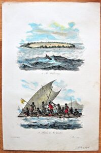 antique copperplate engraving: whitsunday and a war canoe