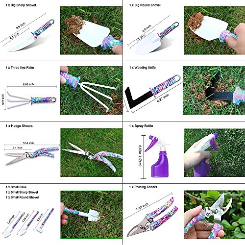 Garden Tools Set, JUMPHIGH 10 Pieces Gardening Tools with Purple Floral Print, Ergonomic Handle Trowel Rake Weeder Pruner Shears Sprayer, Garden Hand Tools with Carrying Case Gardening Gifts for Women