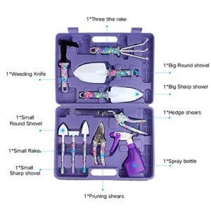 Garden Tools Set, JUMPHIGH 10 Pieces Gardening Tools with Purple Floral Print, Ergonomic Handle Trowel Rake Weeder Pruner Shears Sprayer, Garden Hand Tools with Carrying Case Gardening Gifts for Women