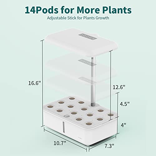 Hydroponics Growing System, REMOSSY 14 Pods Indoor Garden with 5L Water Tank & Pump, Adjustable Height Up to 16.5" LED Light, 3 Modes Smart Herb Garden Kit Plant Germination Kit for Home Kitchen APP