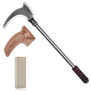 scythe garden tool for mowing grass – 21-inch anti-slip long handle weeding scythe sickle garden tool with dual scythe blade and a leather sheath and a small sharpening stone