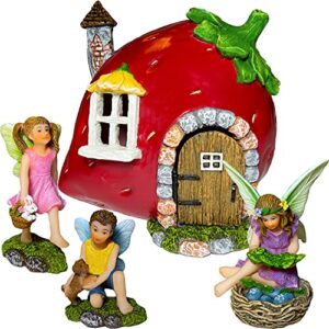 mood lab fairy garden – fairy strawberry house set of 4 pcs – miniature figurines & accessories – outdoor or house decor