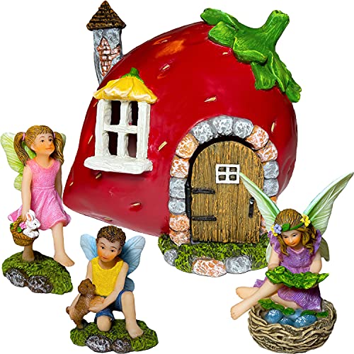 Mood Lab Fairy Garden - Fairy Strawberry House Set of 4 pcs - Miniature Figurines & Accessories - Outdoor or House Decor