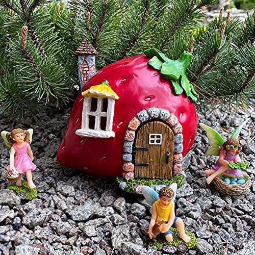 Mood Lab Fairy Garden - Fairy Strawberry House Set of 4 pcs - Miniature Figurines & Accessories - Outdoor or House Decor