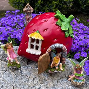 Mood Lab Fairy Garden - Fairy Strawberry House Set of 4 pcs - Miniature Figurines & Accessories - Outdoor or House Decor