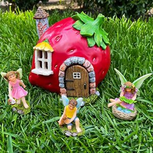 Mood Lab Fairy Garden - Fairy Strawberry House Set of 4 pcs - Miniature Figurines & Accessories - Outdoor or House Decor