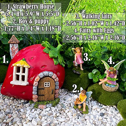 Mood Lab Fairy Garden - Fairy Strawberry House Set of 4 pcs - Miniature Figurines & Accessories - Outdoor or House Decor