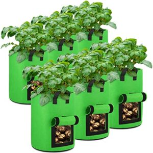 oppolife 6-pack 10 gallon potato grow bags with two flap windows, heavy duty aeration fabric pots with handles for garden and planting
