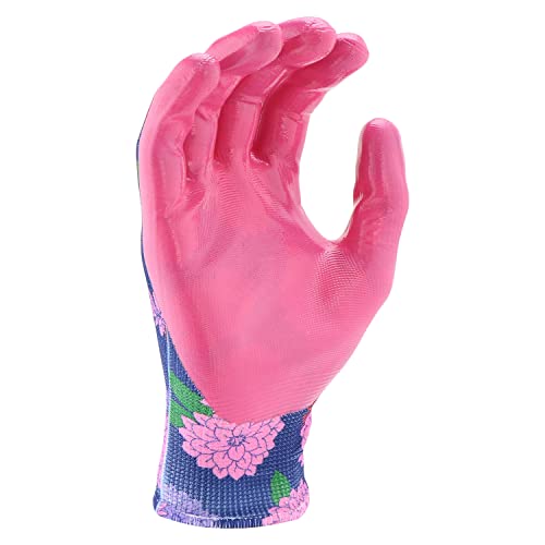 Miracle-Gro Women's Nitrile Coated Grip Floral Pattern Gardening Work Gloves, Extreme Comfort, Excellent Grip, Water Resistant, Pink/Purple, Small, (MG37126/WSM)