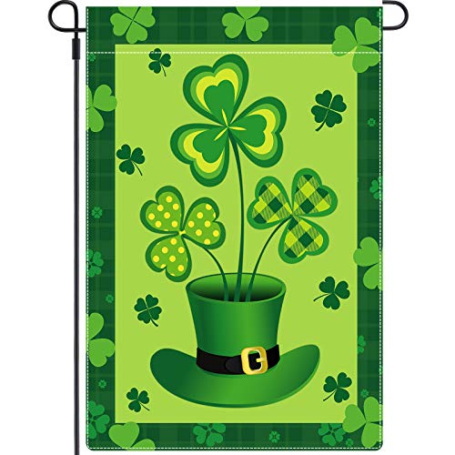 Tatuo Happy St. Patrick's Day Garden Flag Double Sided Holiday Yard Flag Shamrocks Green Hat Decorative Garden Flag Burlap Yard Winter Flag for Garden and Home Decorations (12.5 x 18 Inch)