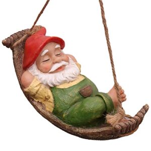 teresa’s collections cute garden gnomes decorations for yard hanging statues outdoor gifts, sleepy gnome in swing leaf hammock resin tree ornaments figurines for stump branch lawn patio decor, 7.4″