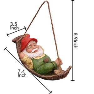 TERESA'S COLLECTIONS Cute Garden Gnomes Decorations for Yard Hanging Statues Outdoor Gifts, Sleepy Gnome in Swing Leaf Hammock Resin Tree Ornaments Figurines for Stump Branch Lawn Patio Decor, 7.4"