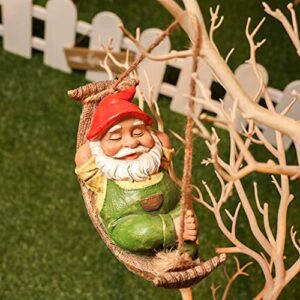 TERESA'S COLLECTIONS Cute Garden Gnomes Decorations for Yard Hanging Statues Outdoor Gifts, Sleepy Gnome in Swing Leaf Hammock Resin Tree Ornaments Figurines for Stump Branch Lawn Patio Decor, 7.4"