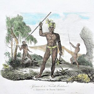 Antique Copperplate Engraving: A Warrior of New Caledonia and War Tools