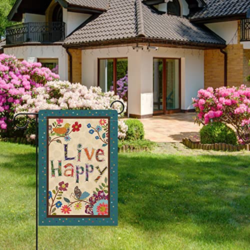 Hzppyz Live Happy Decorative Small Garden Flag Flower Bird, Spring Summer Inspirational Quote House Yard Outdoor Butterfly Floral Decor Double Sided, Fall Positive Farmhouse Outside Decoration 12 x 18