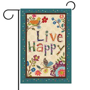 hzppyz live happy decorative small garden flag flower bird, spring summer inspirational quote house yard outdoor butterfly floral decor double sided, fall positive farmhouse outside decoration 12 x 18