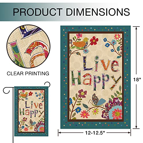 Hzppyz Live Happy Decorative Small Garden Flag Flower Bird, Spring Summer Inspirational Quote House Yard Outdoor Butterfly Floral Decor Double Sided, Fall Positive Farmhouse Outside Decoration 12 x 18