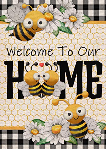 Furiaz Welcome to Our Home Bee Spring Summer Decorative Garden Flag, Daisy Yard Buffalo Plaid Check Home Outside Decorations, Flower Farmhouse Burlap Outdoor Small Decor Double Sided 12×18