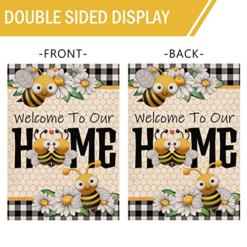 Furiaz Welcome to Our Home Bee Spring Summer Decorative Garden Flag, Daisy Yard Buffalo Plaid Check Home Outside Decorations, Flower Farmhouse Burlap Outdoor Small Decor Double Sided 12×18